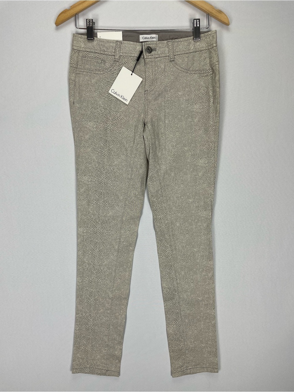 Calvin Klein Womens Chino Pants Size 0 Beige Skinny Stretch Snakeskin Print NWT